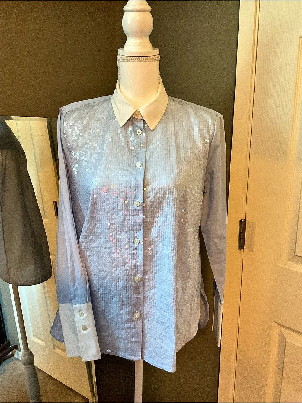 LOFT Sequin Button-Down Shirt in Blue Like New